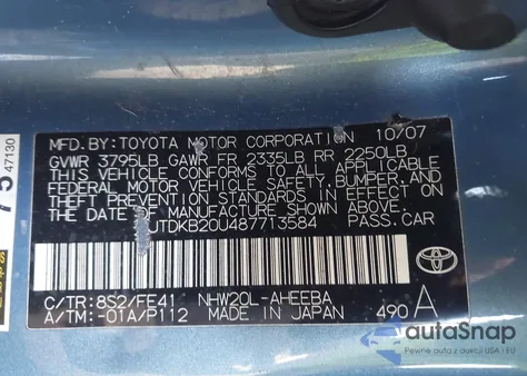 2008 Toyota Prius из США, поврежденный, VIN JTDKB20U487713584